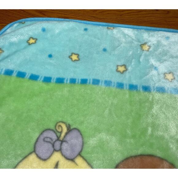 Vintage Precious Moments Baby Blanket Fleece Plush Green Blue Boy Girl Stars - Picture 5 of 11